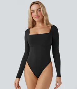 Bodysuits<HALARA Square Neck Long Sleeve Built-in Bra Skinny Work Bodysuit