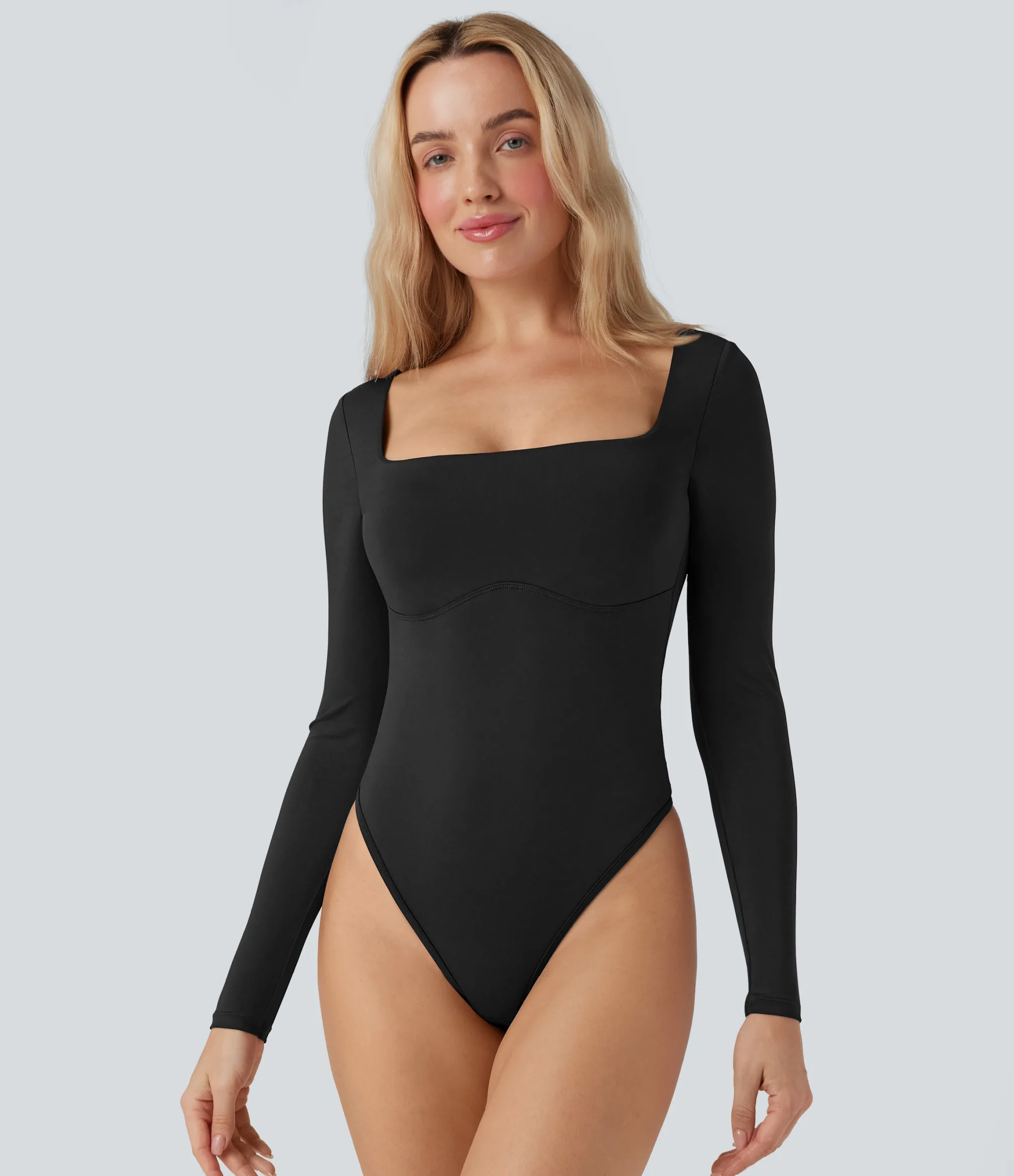 Bodysuits<HALARA Square Neck Long Sleeve Built-in Bra Skinny Work Bodysuit