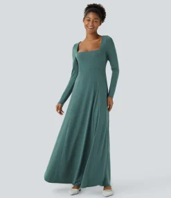 Dresses|Maxi & Midi Dresses<HALARA Square Neck Long Sleeve Flowy Flare Maxi Casual Dress