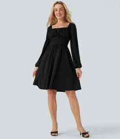 Dresses|Mini Dresses<HALARA Square Neck Long Sleeve Lace Up Corset Tie Back Mini Casual Dress