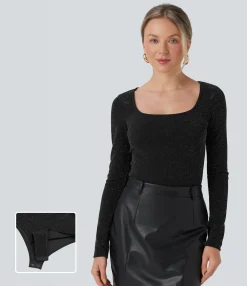 Bodysuits<HALARA Square Neck Long Sleeve Metallic Bodysuit