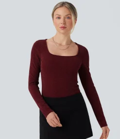 Bodysuits<HALARA Square Neck Long Sleeve Metallic Bodysuit