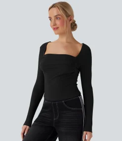 Casual Tops<HALARA Square Neck Long Sleeve Ruched Casual Top