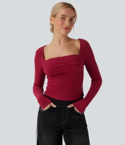 Casual Tops<HALARA Square Neck Long Sleeve Ruched Casual Top