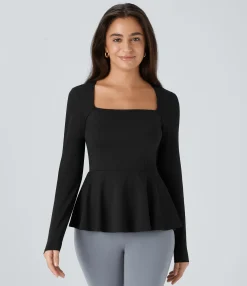 Work Tops<HALARA Square Neck Long Sleeve Ruffle Hem Work Top