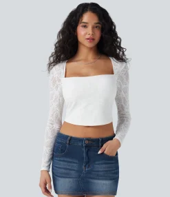 Casual Tops<HALARA Square Neck Long Sleeve Slim Cropped Lace Casual Top