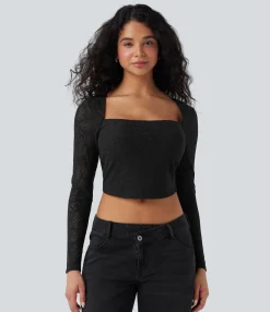 Casual Tops<HALARA Square Neck Long Sleeve Slim Cropped Lace Casual Top