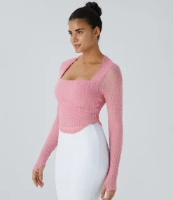 Sports Tops|Sports Tops<HALARA Square Neck Long Sleeve Thumb Hole Curved Hem Contrast Mesh Solid Yoga Sports Top