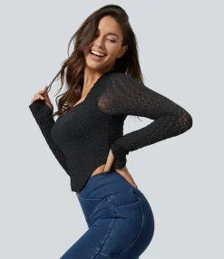 Sports Tops|Sports Tops<HALARA Square Neck Long Sleeve Thumb Hole Curved Hem Contrast Mesh Solid Yoga Sports Top