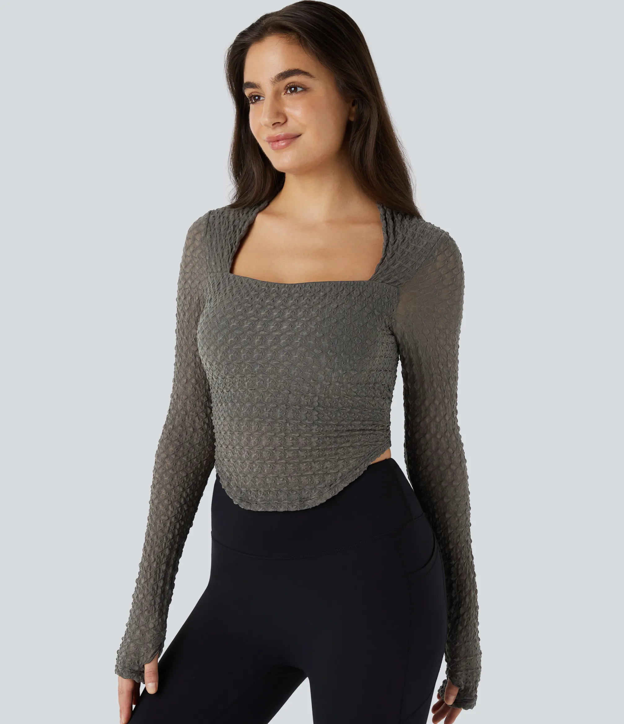 Sports Tops|Sports Tops<HALARA Square Neck Long Sleeve Thumb Hole Curved Hem Contrast Mesh Solid Yoga Sports Top