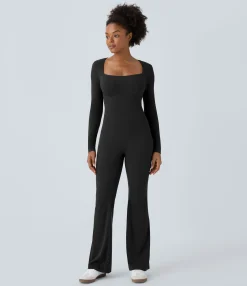Jumpsuits<HALARA Square Neck Long Sleeve Waffle Casual Flare Jumpsuit