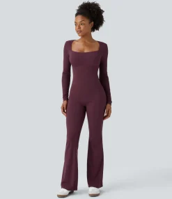 Jumpsuits<HALARA Square Neck Long Sleeve Waffle Casual Flare Jumpsuit