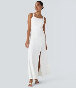 Maxi & Midi Dresses|Dresses<HALARA Square Neck Ruched Lace Up Maxi Dress