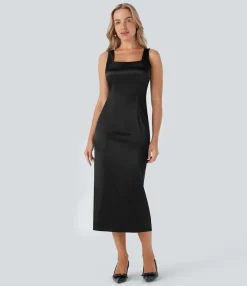 Maxi & Midi Dresses|Dresses<HALARA Square Neck Satin Slim Midi Dress