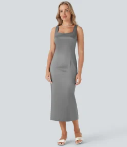 Maxi & Midi Dresses|Dresses<HALARA Square Neck Satin Slim Midi Dress