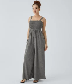 Jumpsuits<HALARA Square Neck Shirred Pocket Wide Leg Jumpsuit