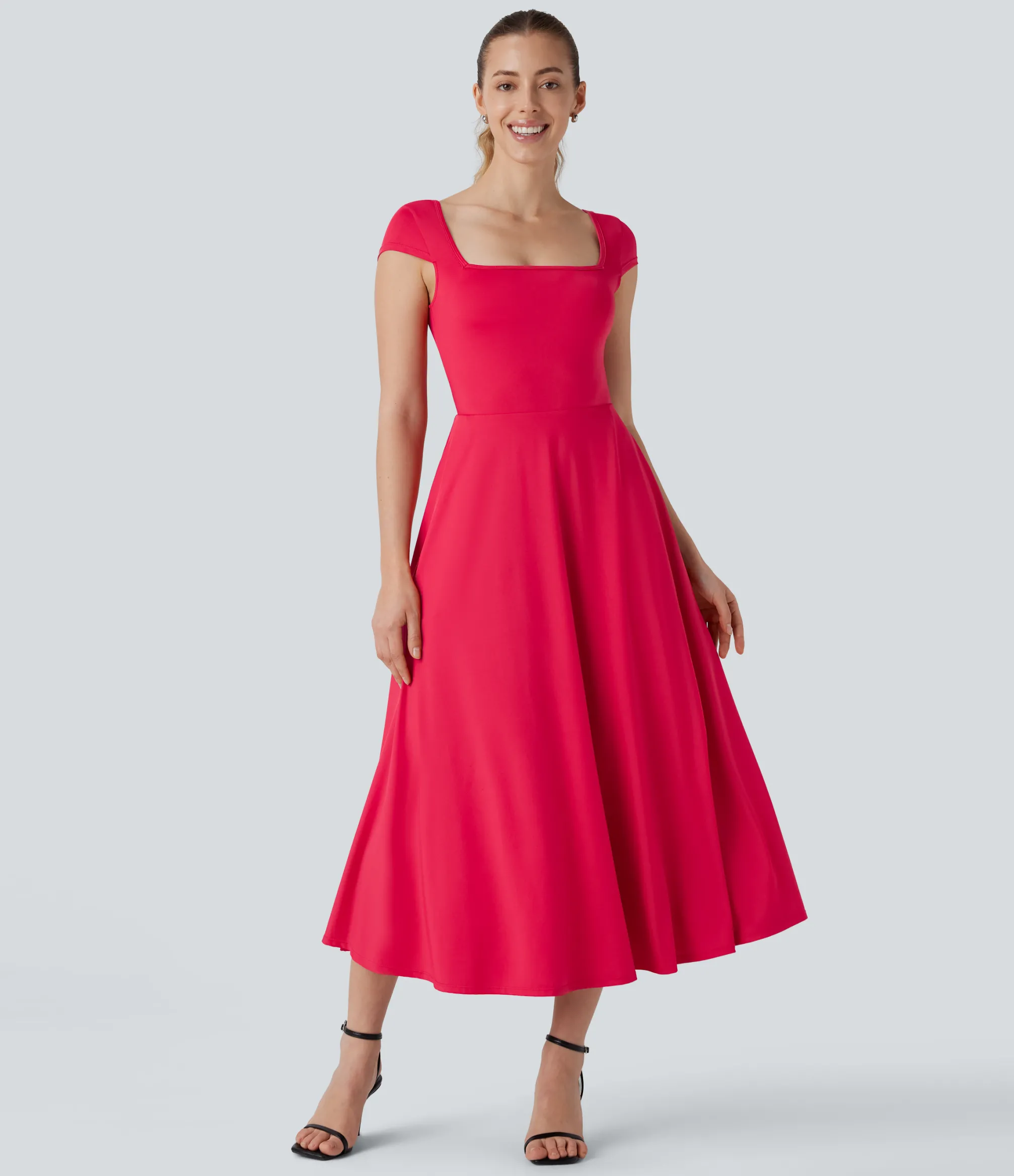 Maxi & Midi Dresses|Dresses<HALARA Square Neck Short Sleeve Pocket Flowy Midi Casual Dress