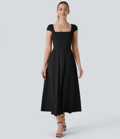 Maxi & Midi Dresses|Dresses<HALARA Square Neck Short Sleeve Pocket Flowy Midi Casual Dress