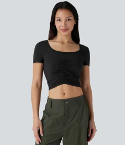 Sports Tops|Sports Tops<HALARA Square Neck Short Sleeve Ruched Cropped Hiking Sports Top-UPF40+