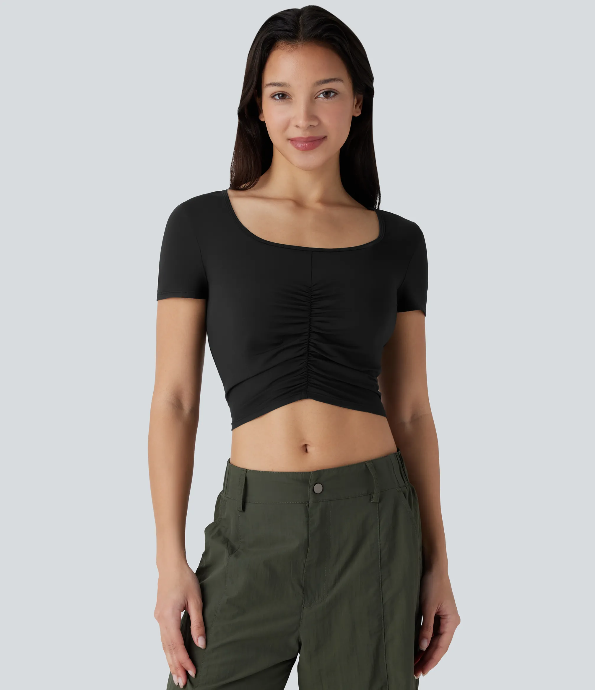 Sports Tops|Sports Tops<HALARA Square Neck Short Sleeve Ruched Cropped Hiking Sports Top-UPF40+