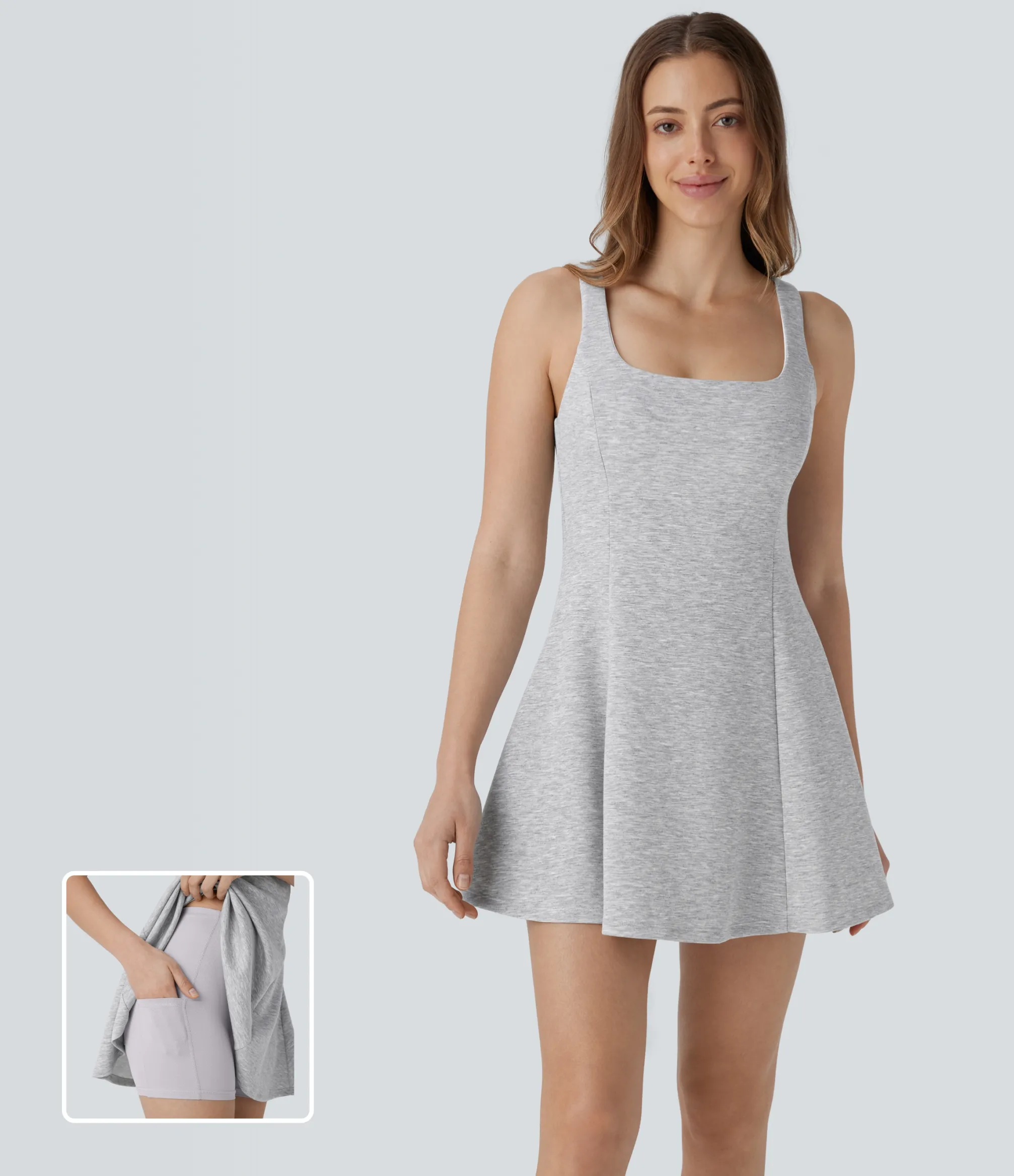 Mini Dresses|Active Dresses<HALARA Square Neck Sleeveless 2 Piece Pocket Mini Pickleball Active Skater Dress