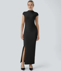 Party Dresses|Maxi & Midi Dresses<HALARA Stand Collar Back Cap Sleeve Ruched Maxi Skinny Dress
