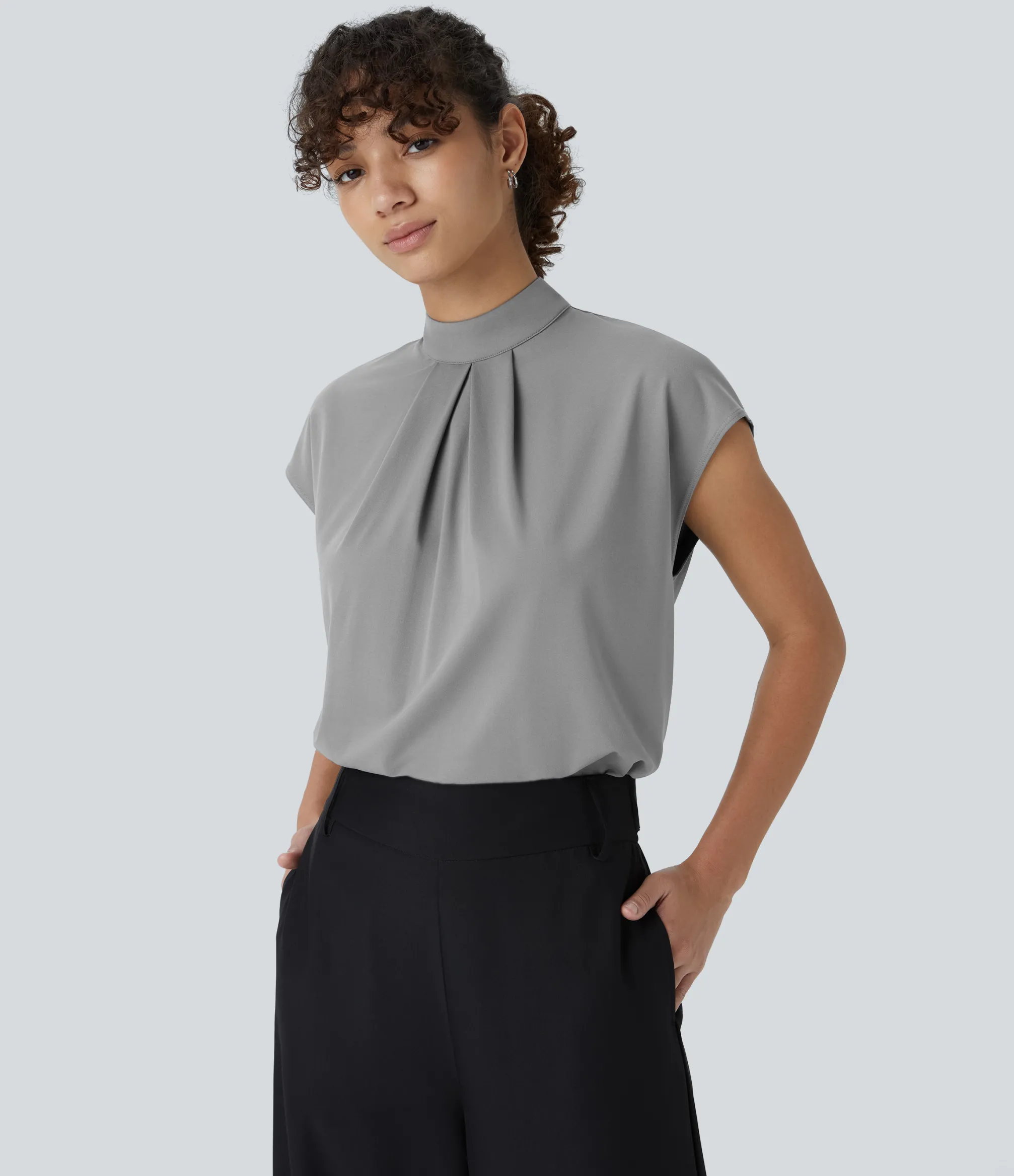 Work Tops|Shirts Blouses<HALARA Stand Collar Back Cap Sleeve Work Blouse