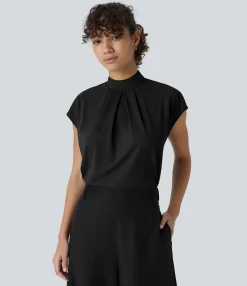 Work Tops|Shirts Blouses<HALARA Stand Collar Back Cap Sleeve Work Blouse