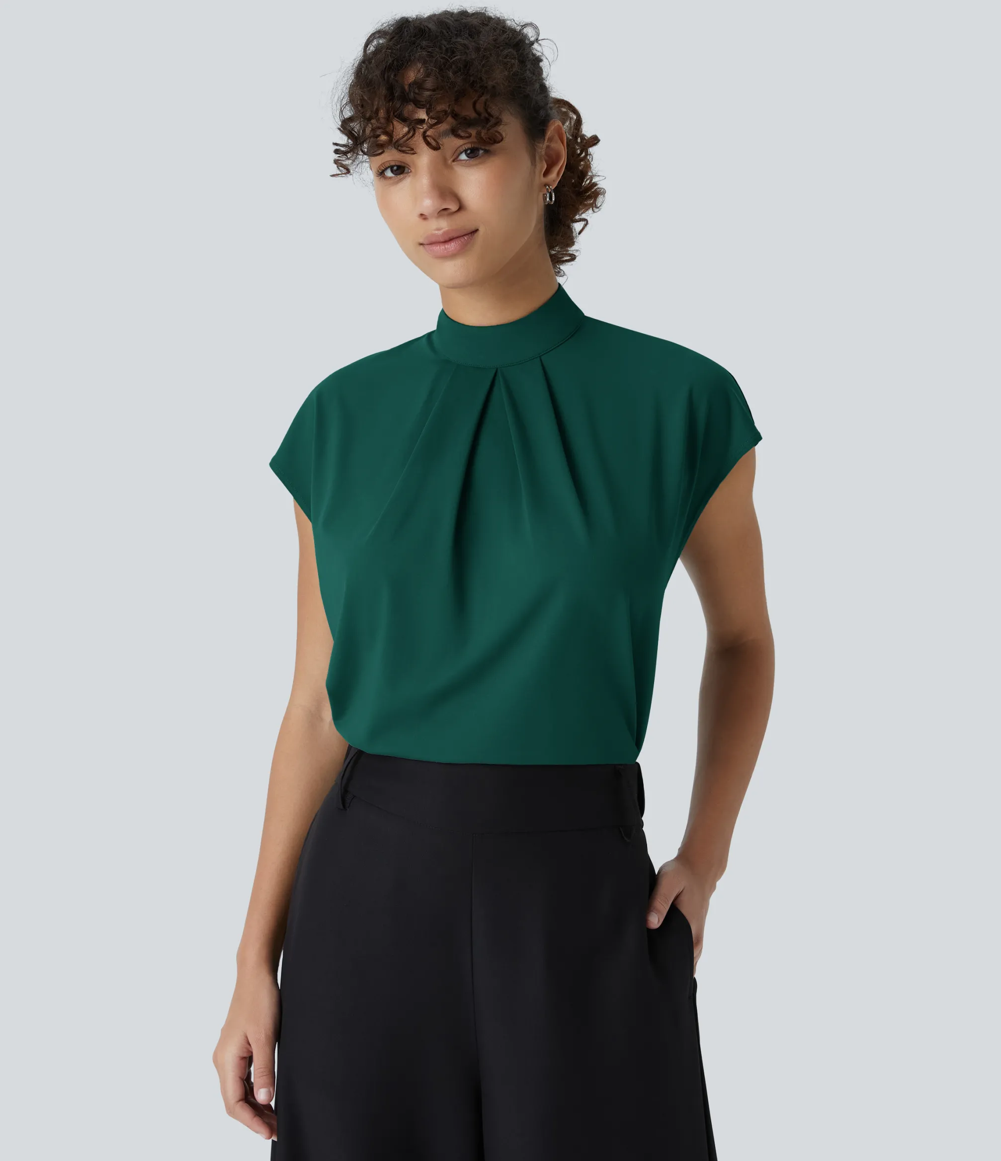 Work Tops|Shirts Blouses<HALARA Stand Collar Back Cap Sleeve Work Blouse