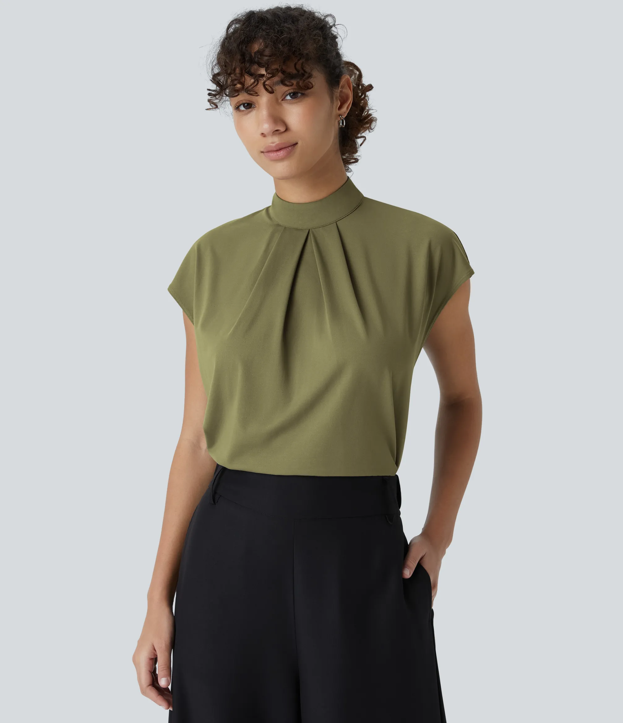 Work Tops|Shirts Blouses<HALARA Stand Collar Back Cap Sleeve Work Blouse