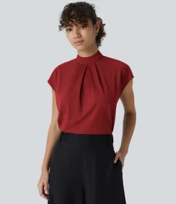Work Tops|Shirts Blouses<HALARA Stand Collar Back Cap Sleeve Work Blouse