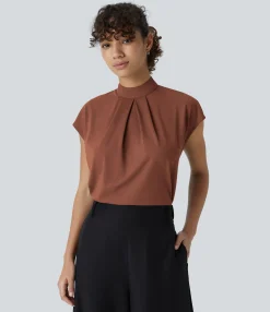 Work Tops|Shirts Blouses<HALARA Stand Collar Back Cap Sleeve Work Blouse