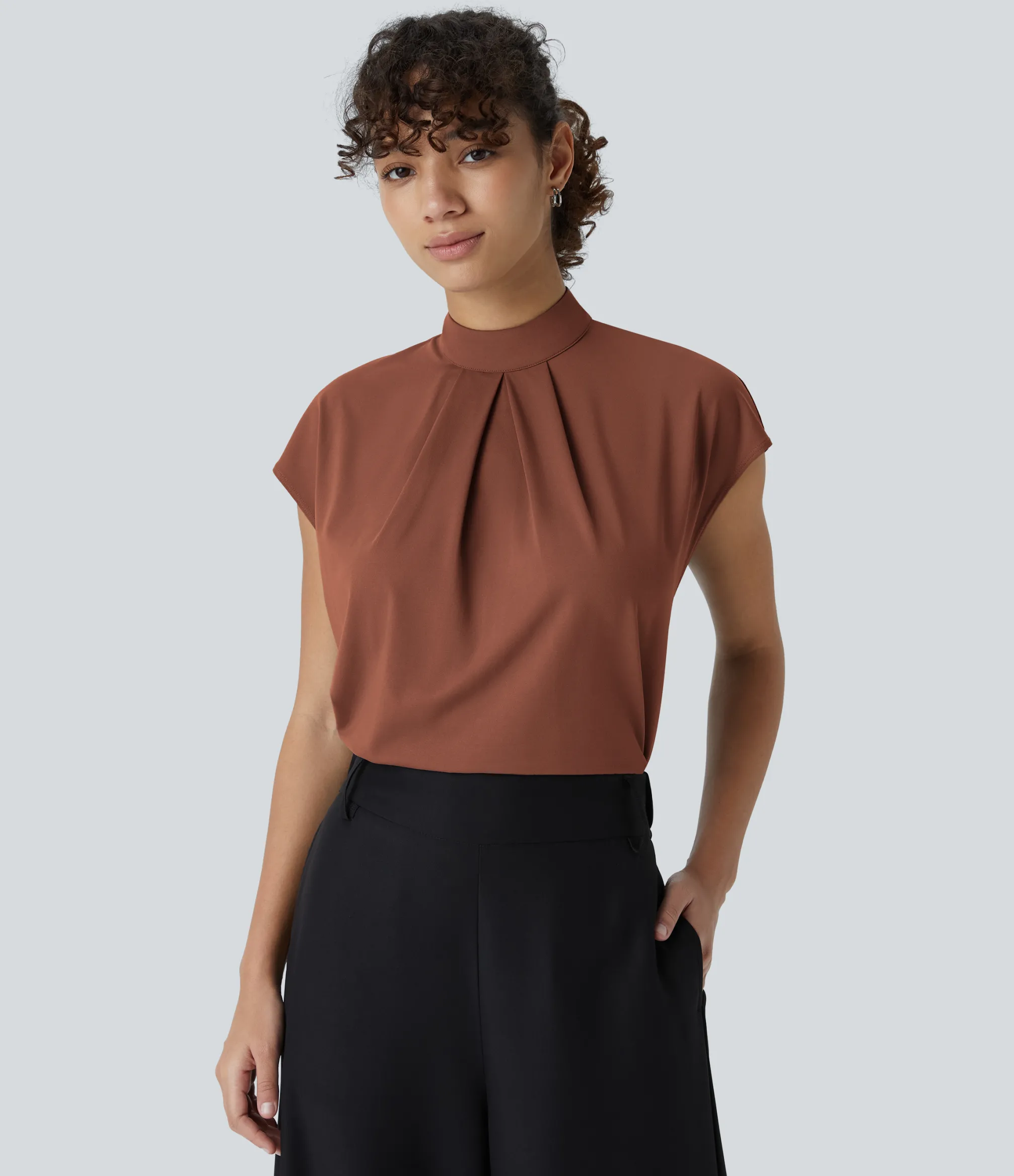 Work Tops|Shirts Blouses<HALARA Stand Collar Back Cap Sleeve Work Blouse