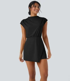 Mini Dresses|Dresses<HALARA Stand Collar Cap Sleeve Quick Dry 2-Piece Mini Work Dress with Pocket-UPF40+