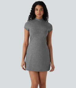 Dresses|Mini Dresses<HALARA Stand Collar Cap Sleeve Slim Mini Casual Dress