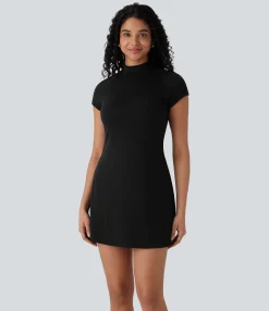 Dresses|Mini Dresses<HALARA Stand Collar Cap Sleeve Slim Mini Casual Dress