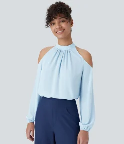 Casual Tops|Shirts Blouses<HALARA Stand Collar Cold Shoulder Bishop Sleeve Casual Blouse