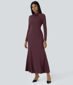 Dresses|Maxi & Midi Dresses<HALARA Stand Collar Cut Out Raglan Long Sleeve Maxi Waffle Casual Dress