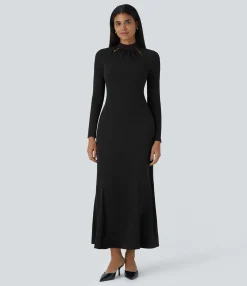 Dresses|Maxi & Midi Dresses<HALARA Stand Collar Cut Out Raglan Long Sleeve Maxi Waffle Casual Dress