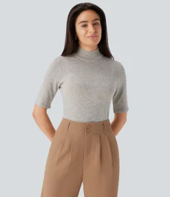 Sweaters<HALARA Stand Collar Elbow Sleeve Slim Work Linen-Feel Sweater