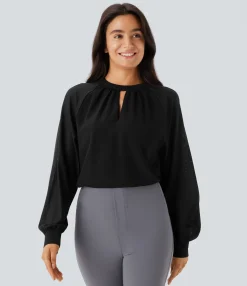 Work Tops|Shirts Blouses<HALARA Stand Collar Keyhole Back Contrast Mesh Raglan Sleeve Work Blouse