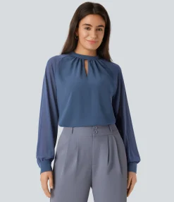 Work Tops|Shirts Blouses<HALARA Stand Collar Keyhole Back Contrast Mesh Raglan Sleeve Work Blouse
