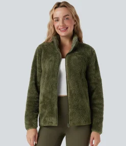 Jackets & Outerwear<HALARA Stand Collar Long Sleeve Casual Sherpa Jacket with Pockets