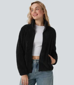Jackets & Outerwear<HALARA Stand Collar Long Sleeve Casual Sherpa Jacket with Pockets