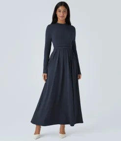 Maxi & Midi Dresses|Dresses<HALARA Stand Collar Long Sleeve Pocket Flare Maxi Casual Dress