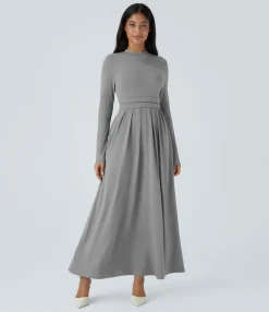Maxi & Midi Dresses|Dresses<HALARA Stand Collar Long Sleeve Pocket Flare Maxi Casual Dress