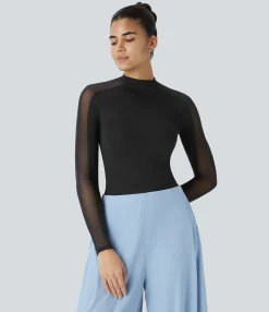 Work Tops<HALARA Stand Collar Raglan Long Sleeve Contrast Mesh Skinny Work Top
