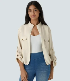 Jackets & Outerwear<HALARA Stand Collar Roll Tab Sleeve Flap Pocket Inside Drawstring Hem Zip Casual Jacket