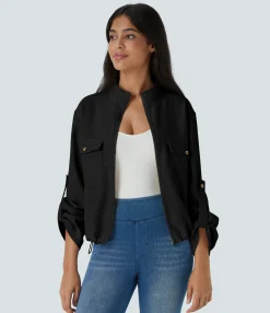 Jackets & Outerwear<HALARA Stand Collar Roll Tab Sleeve Flap Pocket Inside Drawstring Hem Zip Casual Jacket