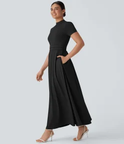 Maxi & Midi Dresses|Dresses<HALARA Stand Collar Short Sleeve Pocket Flare Maxi Casual Dress